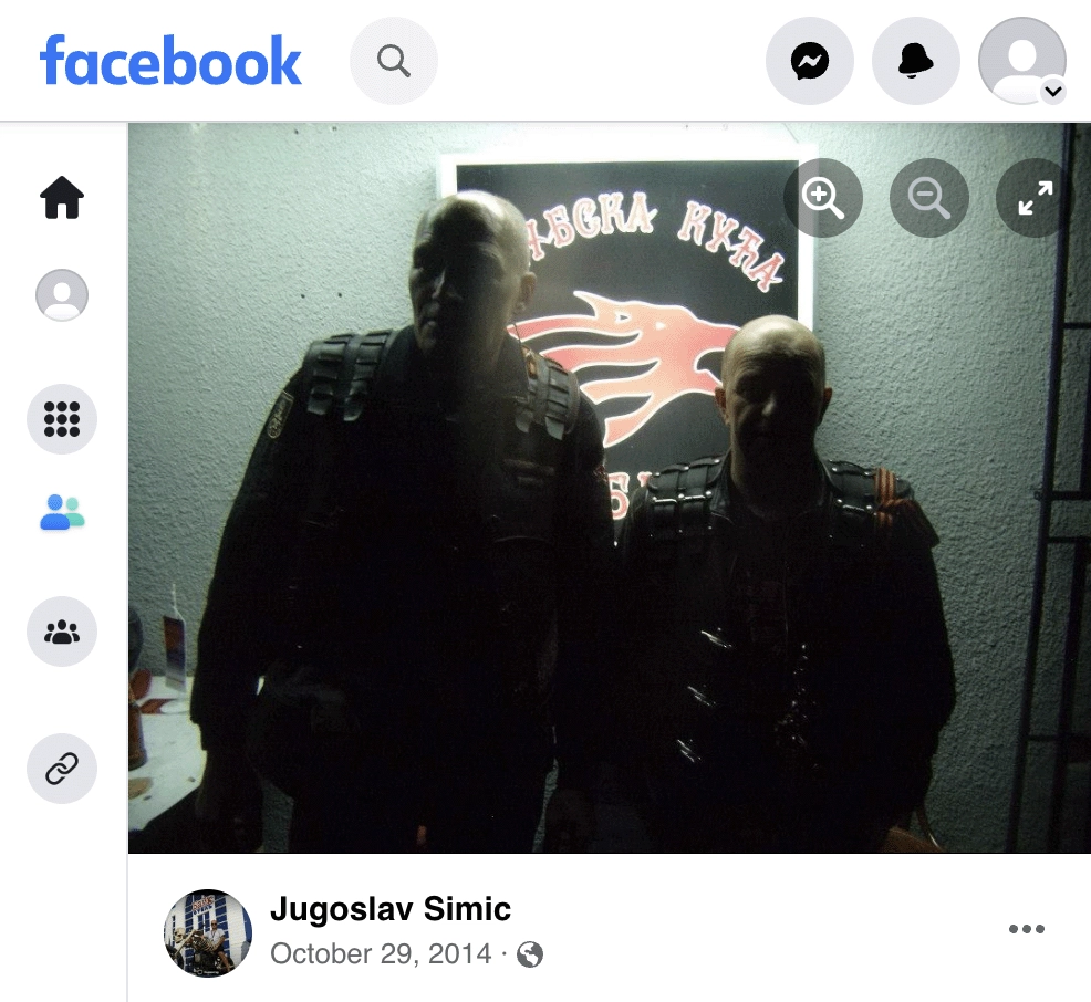 A Facebook account under the name of Jugoslav Simić posted an image with Svetozar Pejović (a.k.a. “Peja”) in front of a Night Wolves logo.