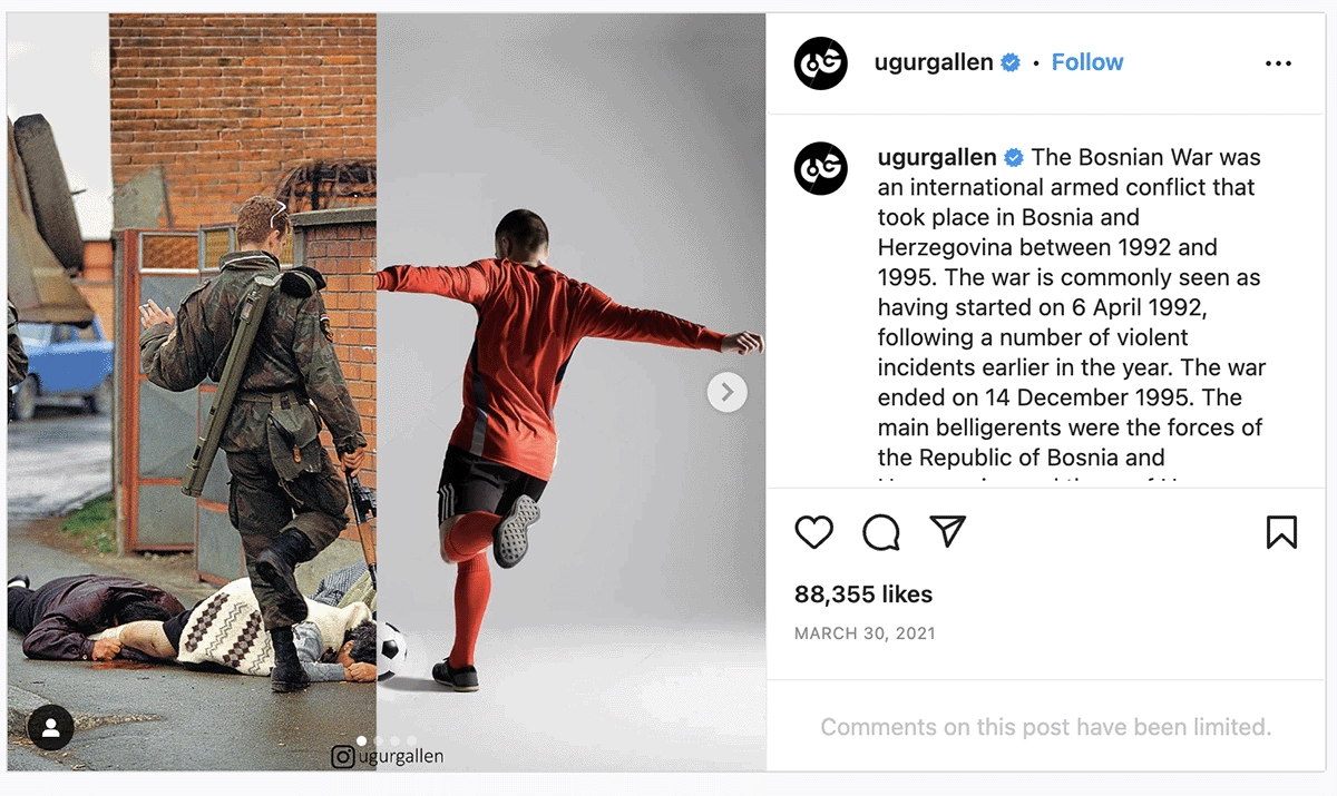 A depiction by artist Uğur Gallenkuş on <a href='https://www.instagram.com/p/CNCcZQmglFl/' target='_blank'>Instagram</a> in 2021 of Haviv's iconic photo contrasted with a soccer player kicking.