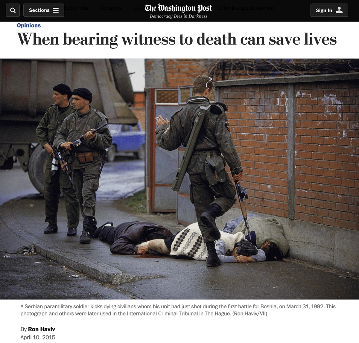 Haviv's photo atop his 2015 opinion piece in <em><a href='https://www.washingtonpost.com/opinions/the-photographers-choice-bystander-or-upstander/2015/04/10/4a582e8a-dfa7-11e4-a500-1c5bb1d8ff6a_story.html' target='_blank'>The Washington Post</a></em>.