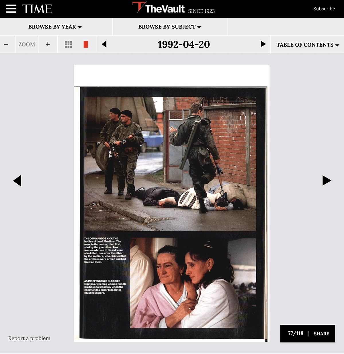 Haviv's photo as it was first published in <em><a href='https://time.com/vault/issue/1992-04-20/page/77/' target='_blank'>Time Magazine</a></em> in 1992.