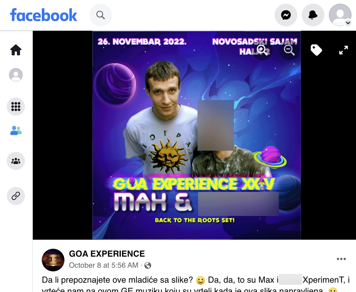 An announcement on Facebook for a November 2022 performance by Srđan Golubović, a.k.a. DJ Max.